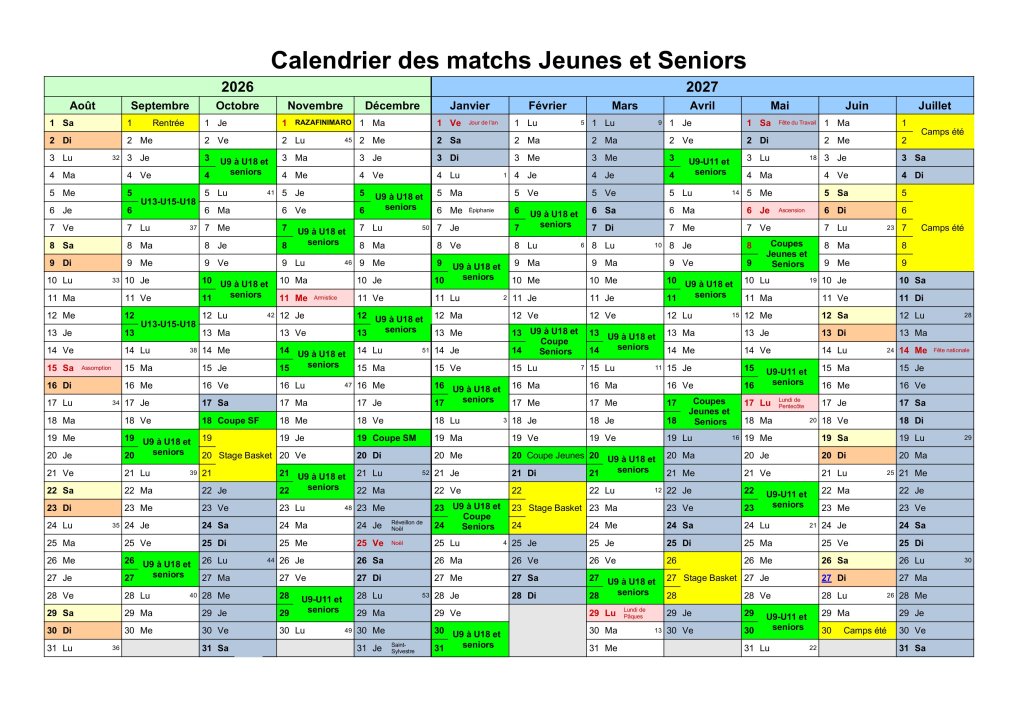 Calendriers Club et Championnats 2026/27